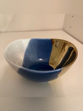 Anthropologie 3.5" Blue Gold White Accent Bowl Dish Decor Trinkets